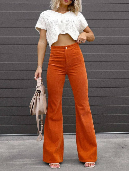 Vintage Inspired Corduroy Flare Jeans with High Waist and Functional Pockets 1