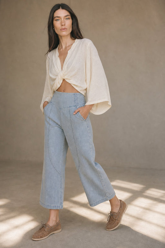 Weekender Wide Leg Pants - Sculpted Denim Trousers with Stretch Waistband 1