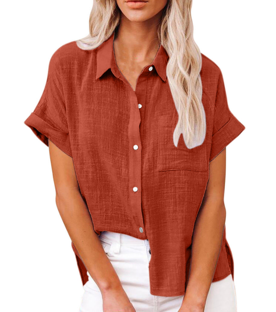 Women's Short Sleeve Button-Down Shirt with Chest Pocket 8