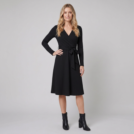 Wynne Knit Midi Dress - Soft Ribbed Polyester, V-Neck, Belted Waist, Pockets 1