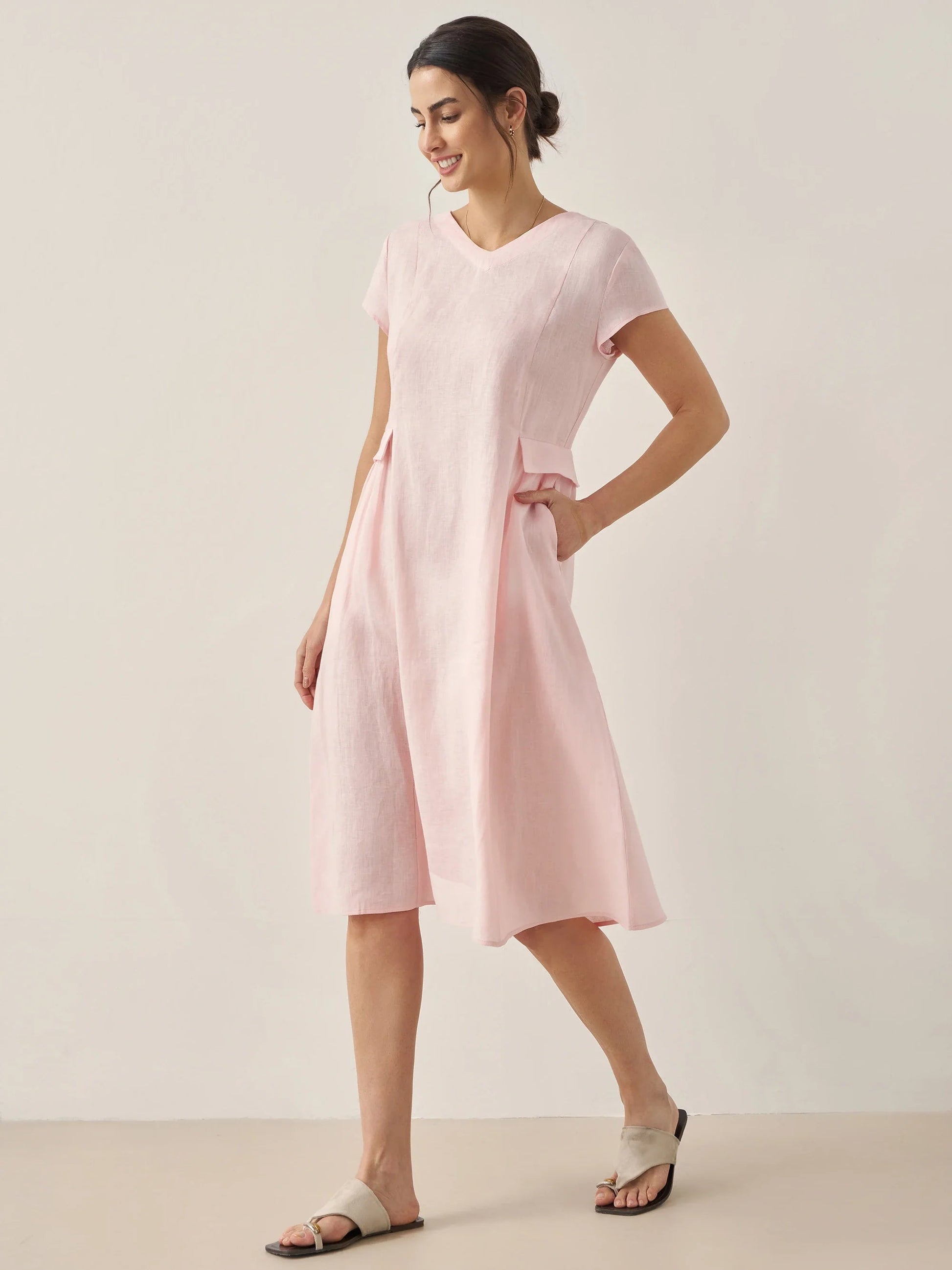 100% Linen Natural Summer V-Neck Dress ALEXA 3