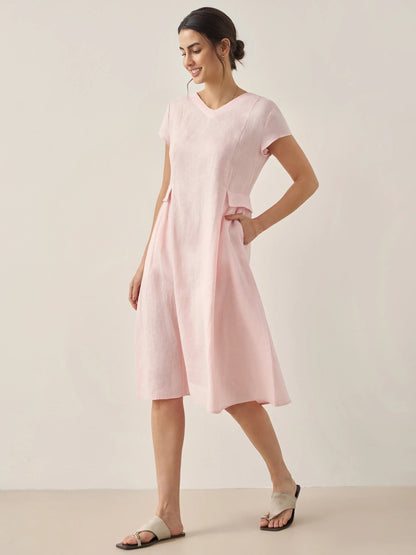 100% Linen Natural Summer V-Neck Dress ALEXA 3