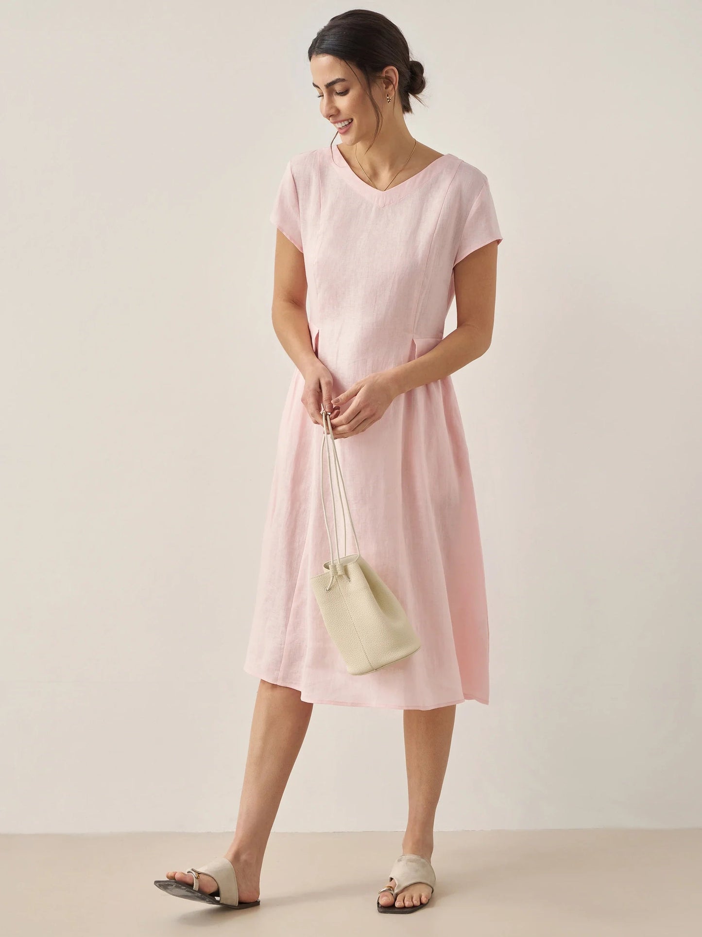 100% Linen Natural Summer V-Neck Dress ALEXA 7