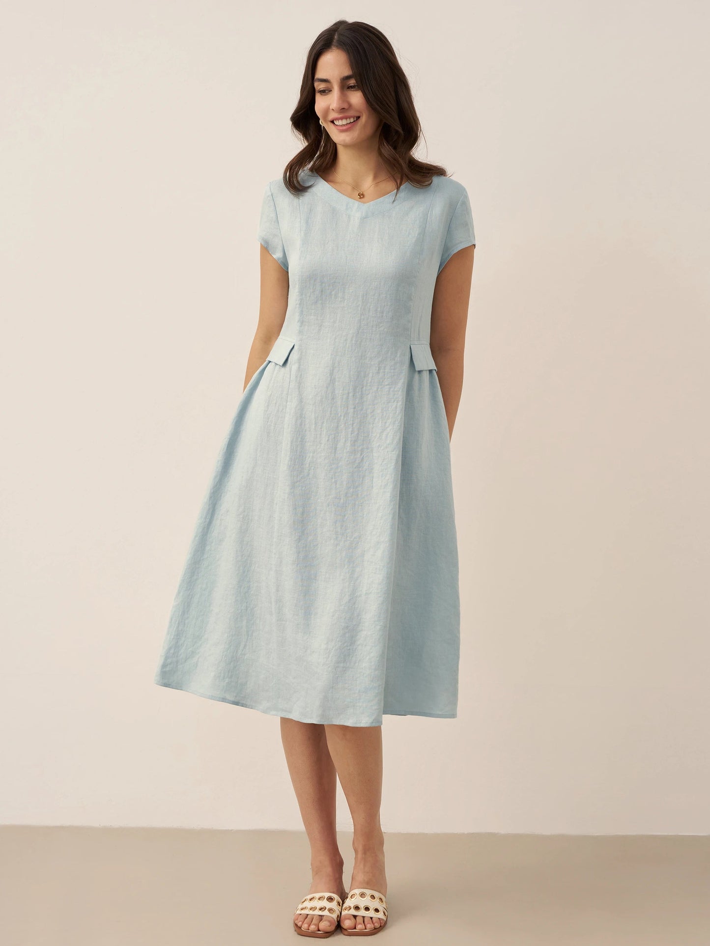 100% Linen Natural Summer V-Neck Dress ALEXA 9