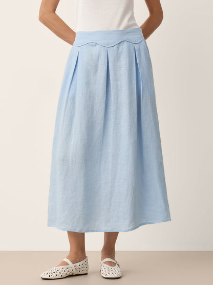 100% Linen Scalloped Waist Elasticated Back A-Line Skirt BRISEIS 0