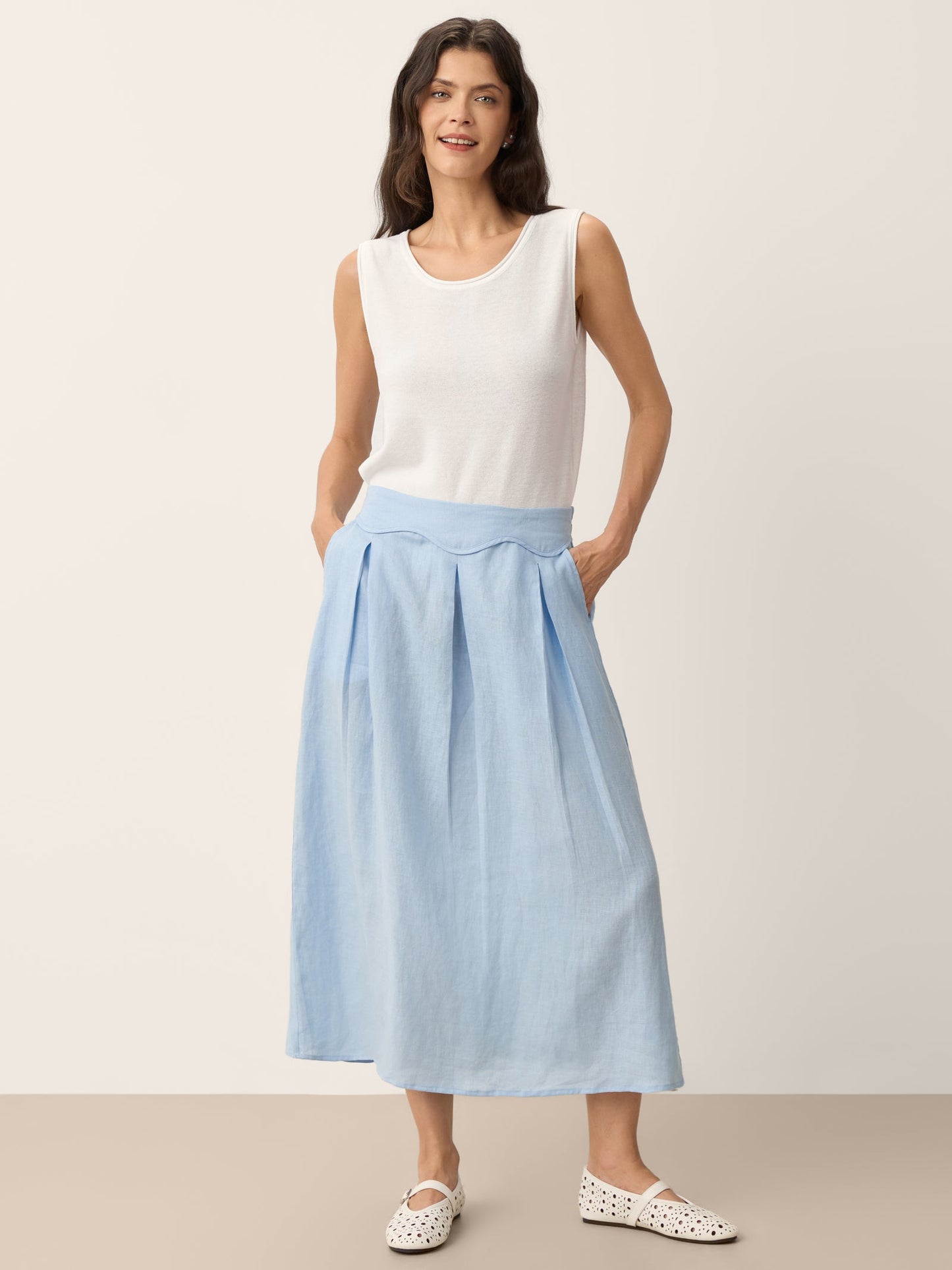 100% Linen Scalloped Waist Elasticated Back A-Line Skirt BRISEIS 7