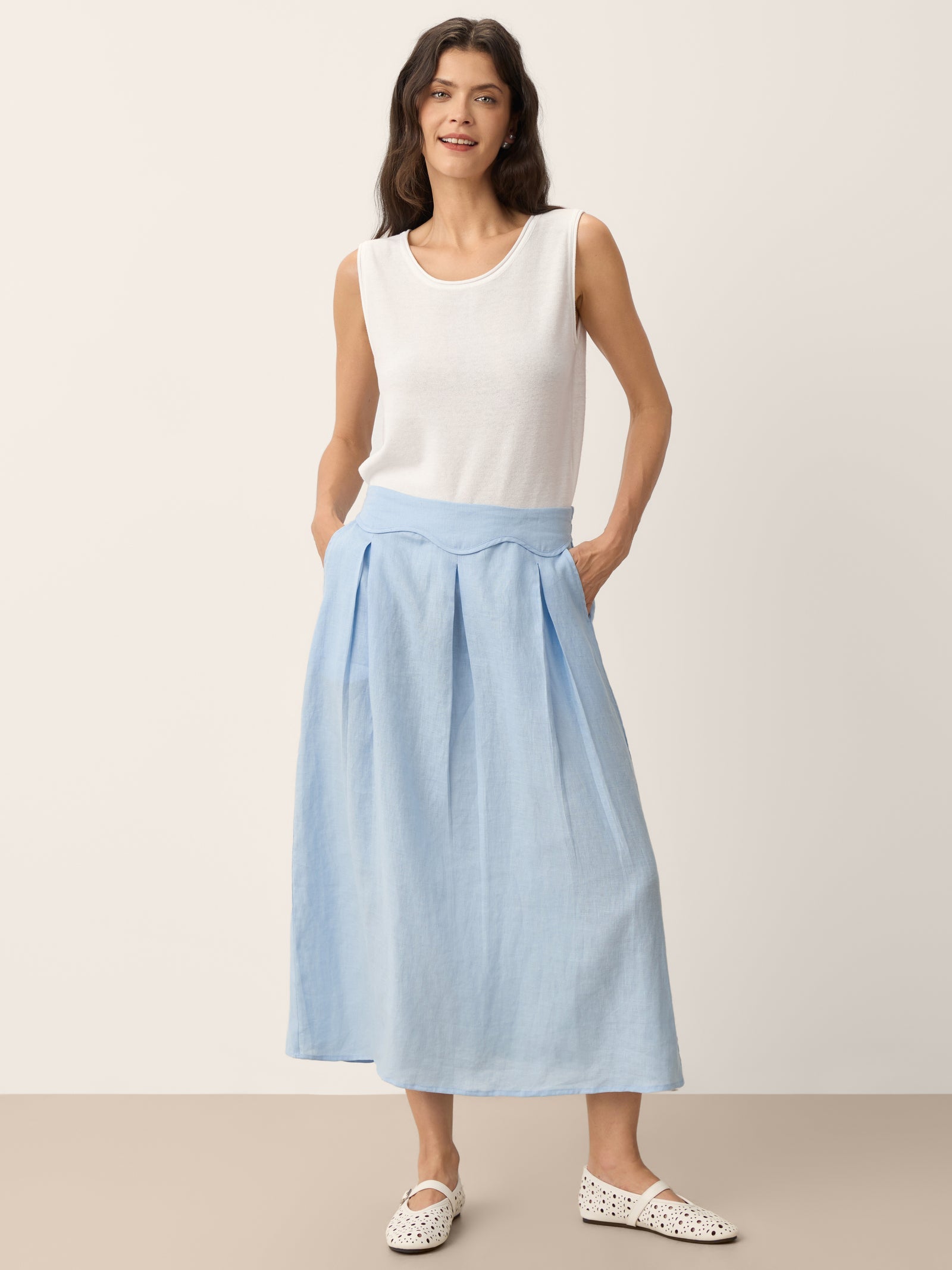 100% Linen Scalloped Waist Elasticated Back A-Line Skirt BRISEIS 7