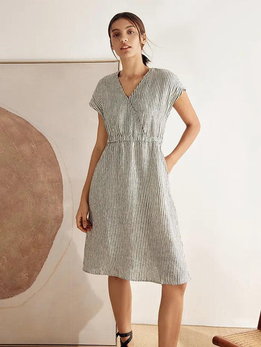 100% Linen Striped Elastic-Waist Mini Dress ARIA 0
