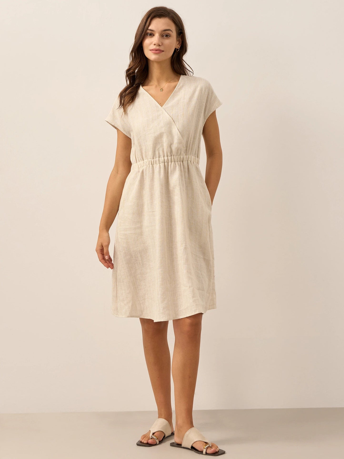 100% Linen Striped Elastic-Waist Mini Dress ARIA 10