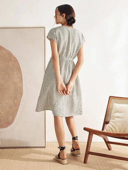 100% Linen Striped Elastic-Waist Mini Dress ARIA 3