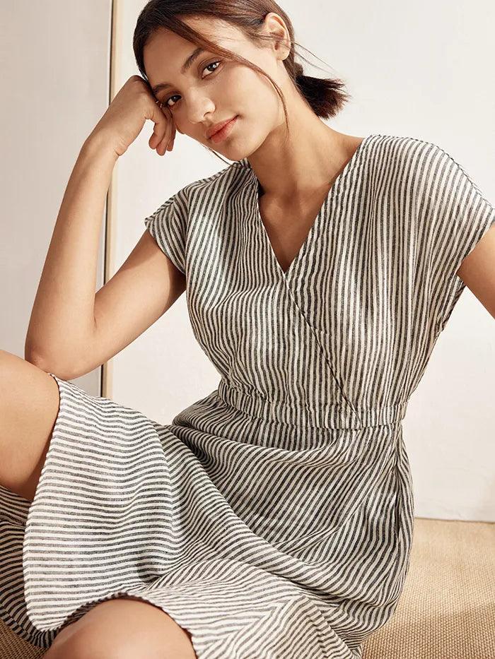 100% Linen Striped Elastic-Waist Mini Dress ARIA 4
