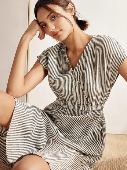 100% Linen Striped Elastic-Waist Mini Dress ARIA 4