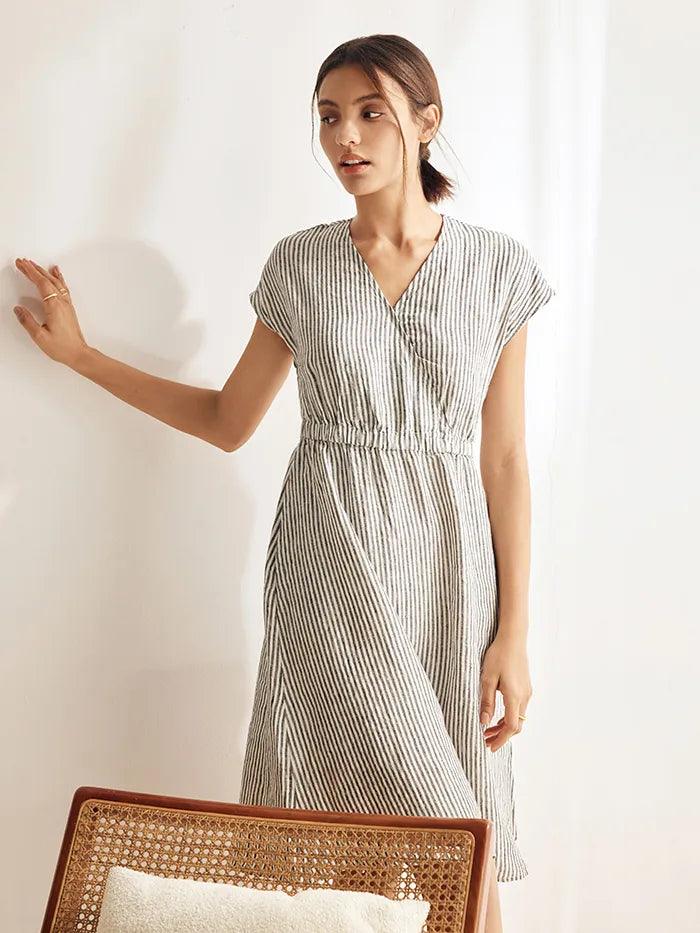100% Linen Striped Elastic-Waist Mini Dress ARIA 5