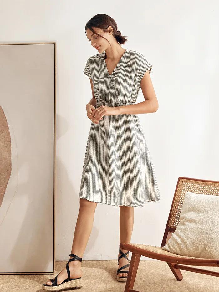 100% Linen Striped Elastic-Waist Mini Dress ARIA 6