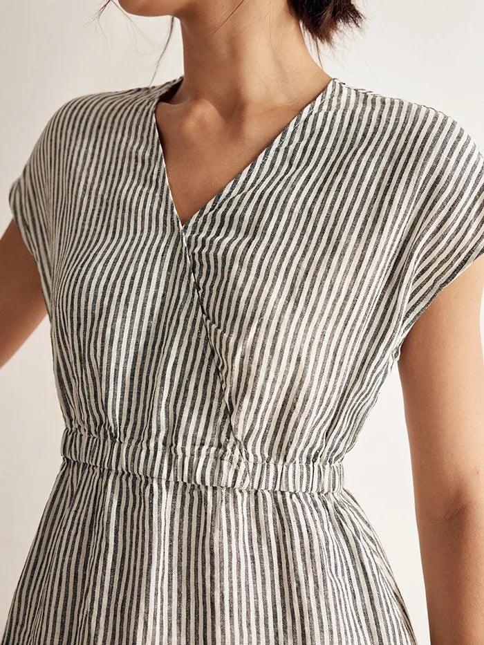 100% Linen Striped Elastic-Waist Mini Dress ARIA 7