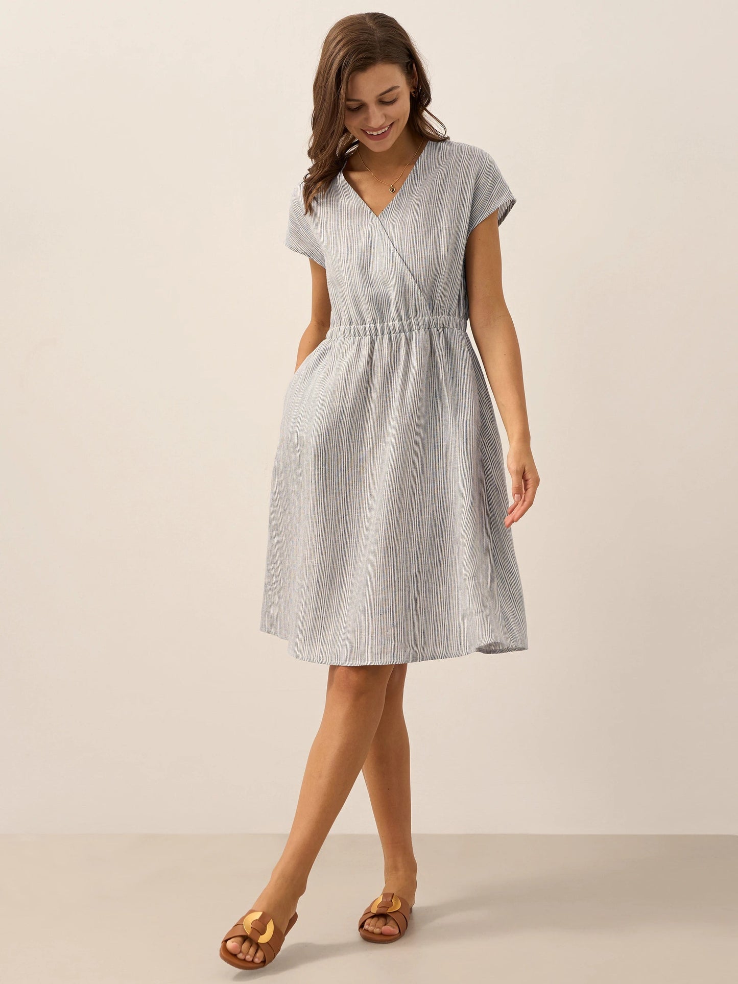 100% Linen Striped Elastic-Waist Mini Dress ARIA 9