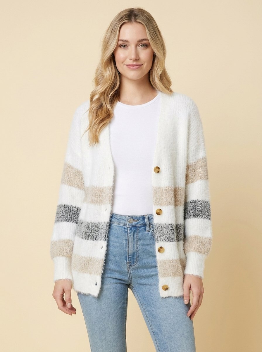 Alayah Striped Long Cardigan Sweater with Button-Down Front and Relaxed Fit 0