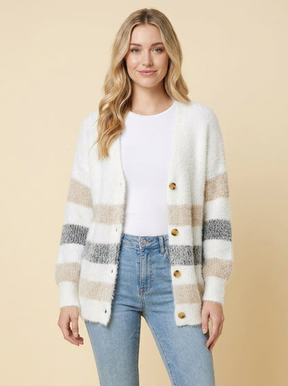 Alayah Striped Long Cardigan Sweater with Button-Down Front and Relaxed Fit 0