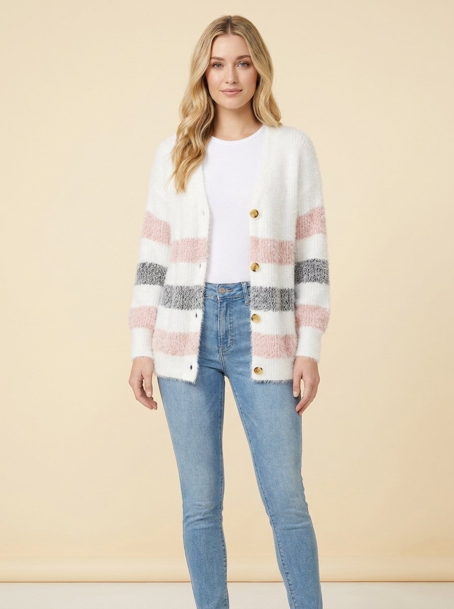 Alayah Striped Long Cardigan Sweater with Button-Down Front and Relaxed Fit 1