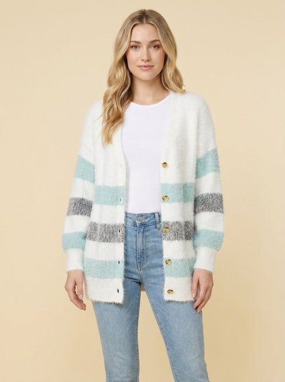 Alayah Striped Long Cardigan Sweater with Button-Down Front and Relaxed Fit 2