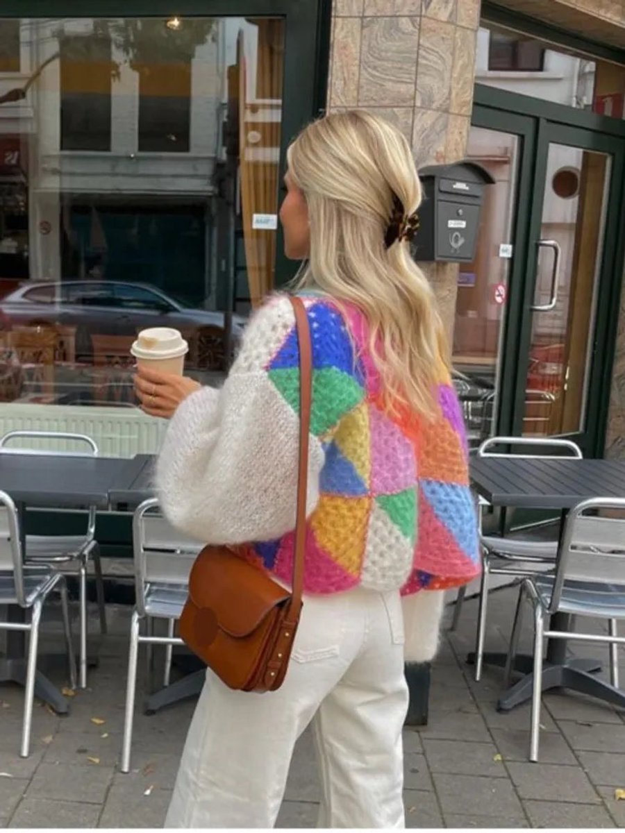 Amelia Cropped Cardigan - Colour Block Knit with Patchwork Design, Open Front 1