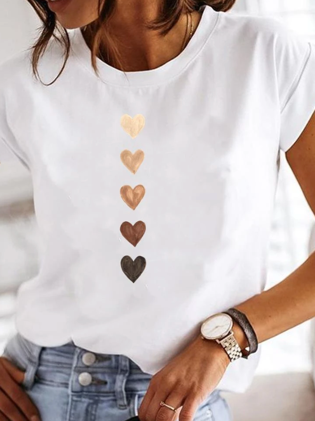 Anora | Women's Heart Print Crew Neck Short Sleeve Tee 0