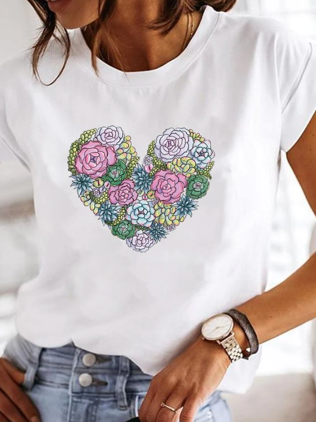 Anora | Women's Heart Print Crew Neck Short Sleeve Tee 4