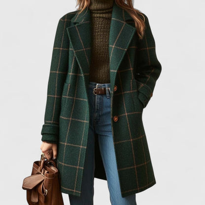 Aria - Wool-Blend Longline Coat with Plaid Pattern and Notch Lapels 0