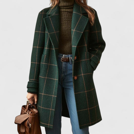 Aria - Wool-Blend Longline Coat with Plaid Pattern and Notch Lapels 0