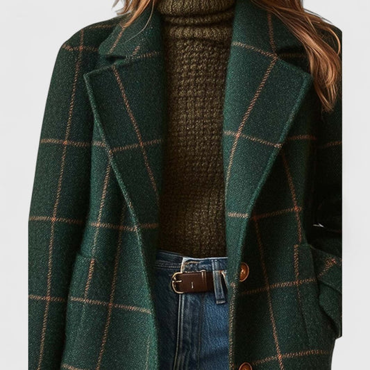Aria - Wool-Blend Longline Coat with Plaid Pattern and Notch Lapels 1