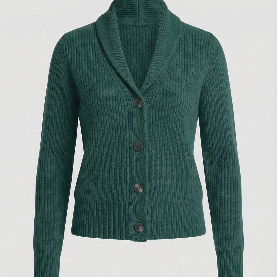 Aria Ribbed Knit Black Cardigan Sweater with Lapel Collar and Button Closure