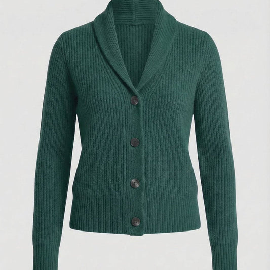 Aria Ribbed Knit Black Cardigan Sweater with Lapel Collar and Button Closure