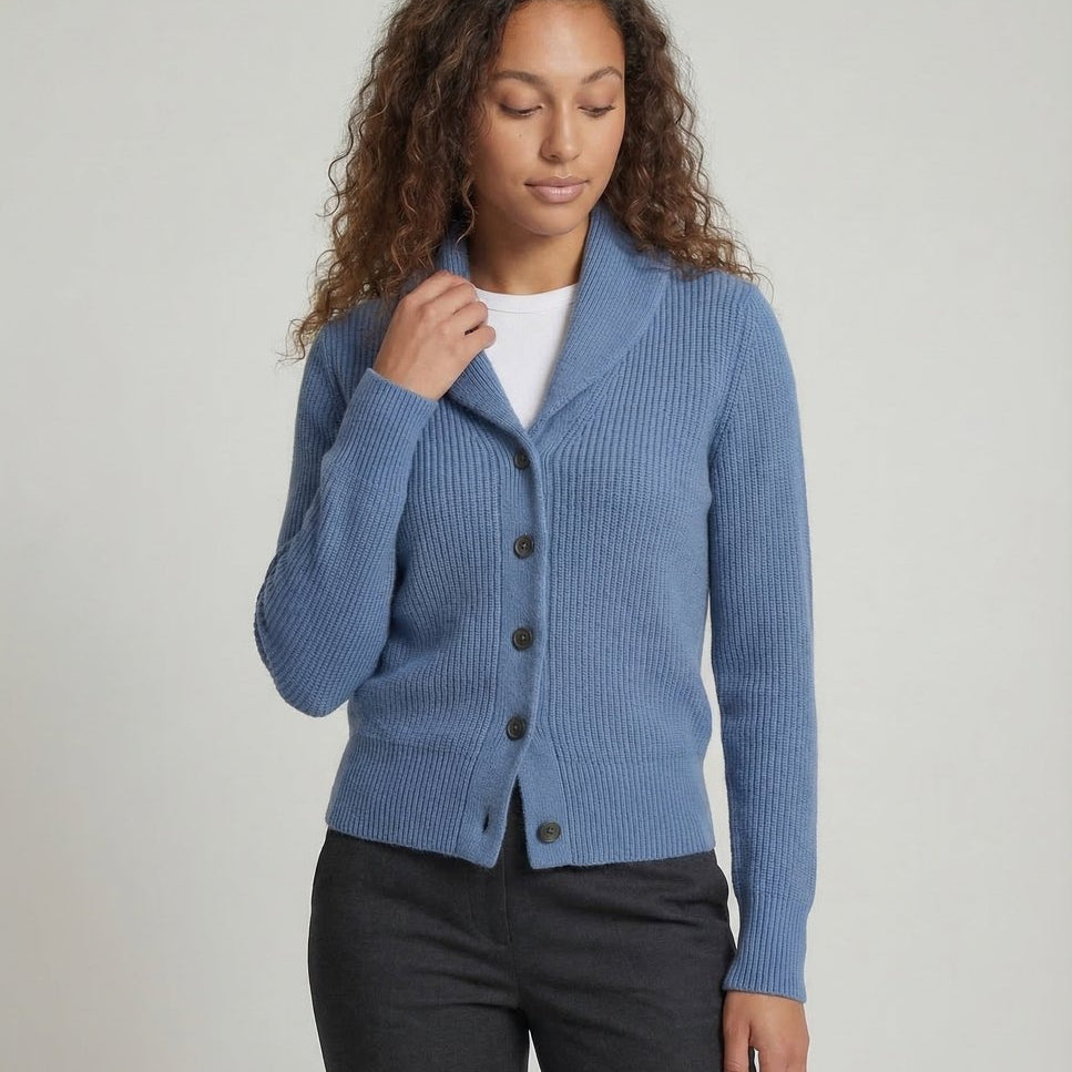 Aria Ribbed Knit Black Cardigan Sweater with Lapel Collar and Button Closure