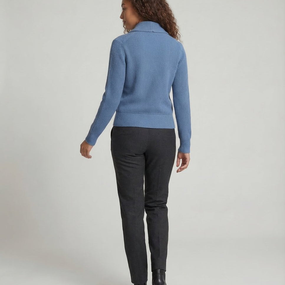 Aria Ribbed Knit Black Cardigan Sweater with Lapel Collar and Button Closure