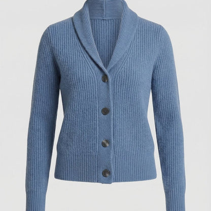 Aria Ribbed Knit Black Cardigan Sweater with Lapel Collar and Button Closure
