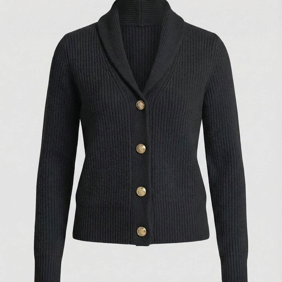 Aria Ribbed Knit Black Cardigan Sweater with Lapel Collar and Button Closure