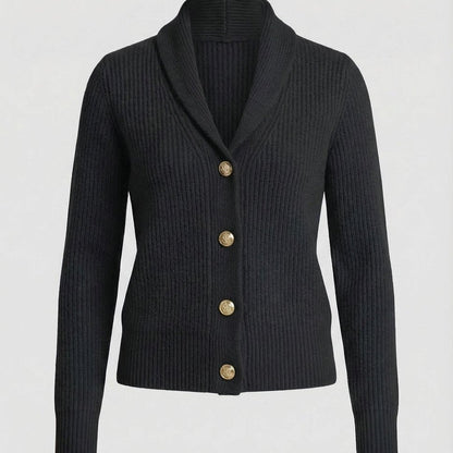 Aria Ribbed Knit Black Cardigan Sweater with Lapel Collar and Button Closure