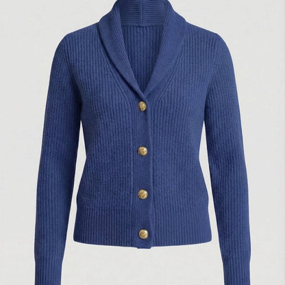 Aria Ribbed Knit Black Cardigan Sweater with Lapel Collar and Button Closure