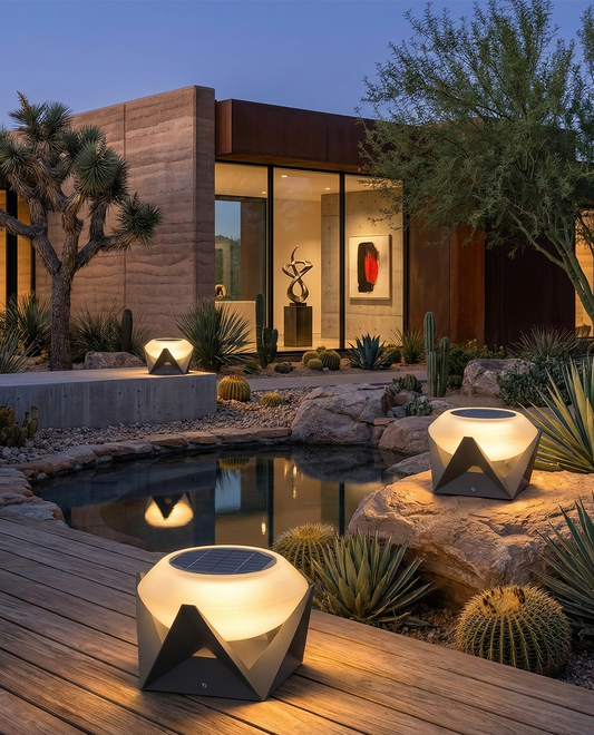 Outdoor Solar Table Lamp with Geometric Base – Dark Grey