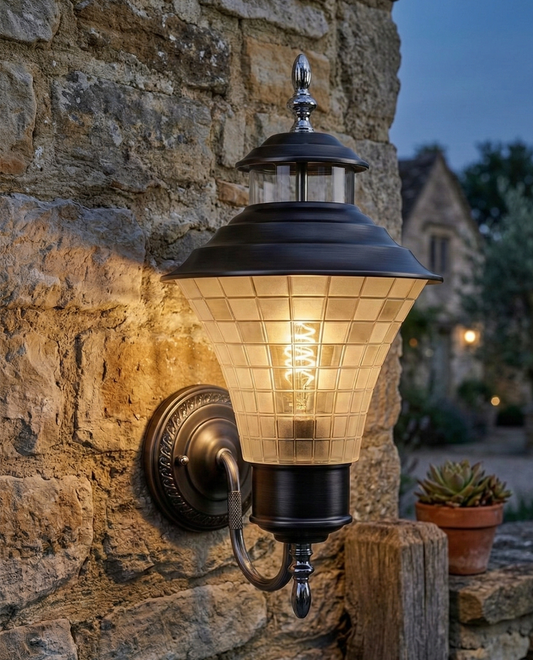 Outdoor Wall Lantern with Frosted Grid Glass Shade – Brushed Dark Grey