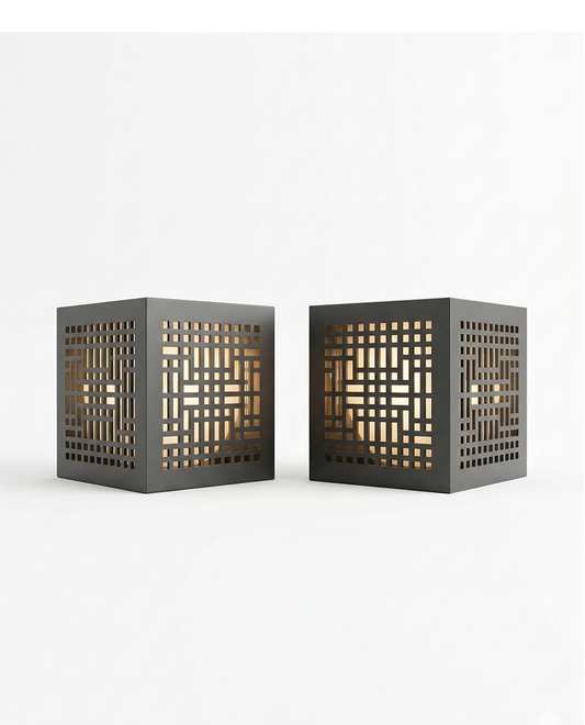 Outdoor Cube Table Lamp with Grid Cutout Design – Dark Grey