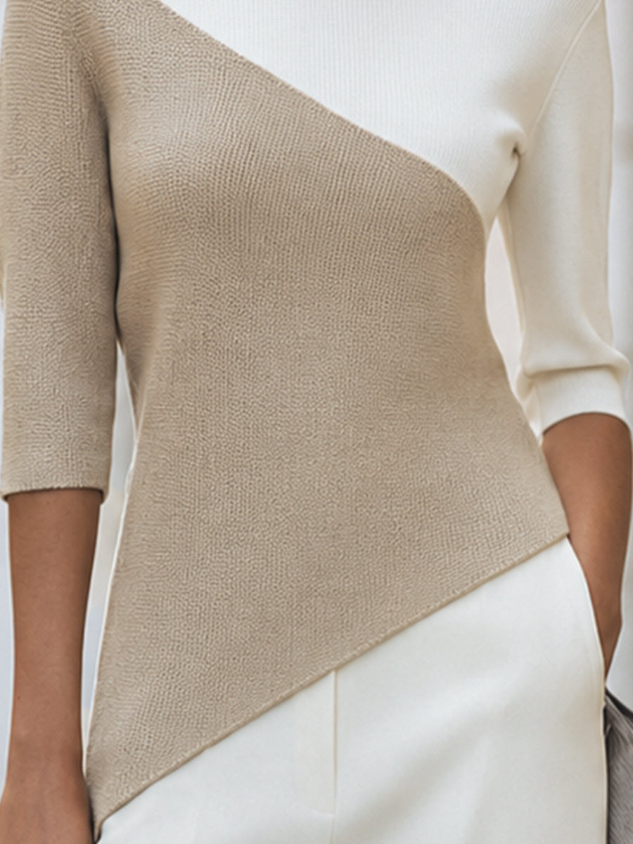 Asymmetric Color-Block Knit Top with 3/4 Sleeves - Fitted Stretch Design 2