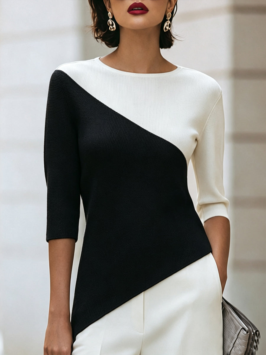 Asymmetric Color-Block Knit Top with 3/4 Sleeves - Fitted Stretch Design 4