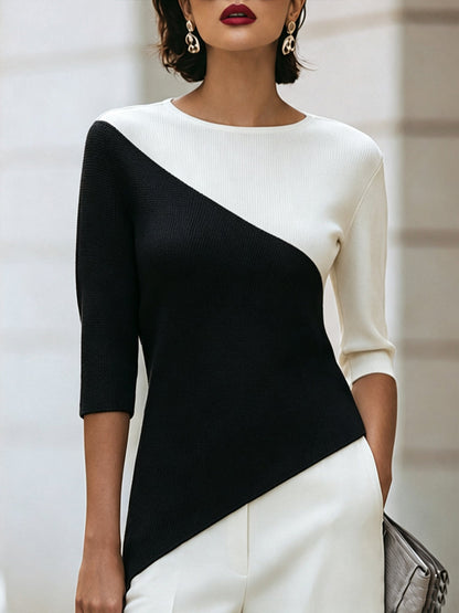 Asymmetric Color-Block Knit Top with 3/4 Sleeves - Fitted Stretch Design 4