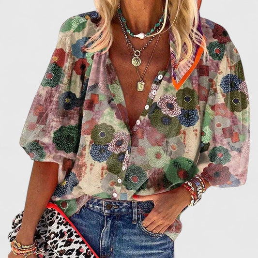 Aurelia - Floral Print Long Sleeve Blouse with V-Neckline in Soft Fabric 0