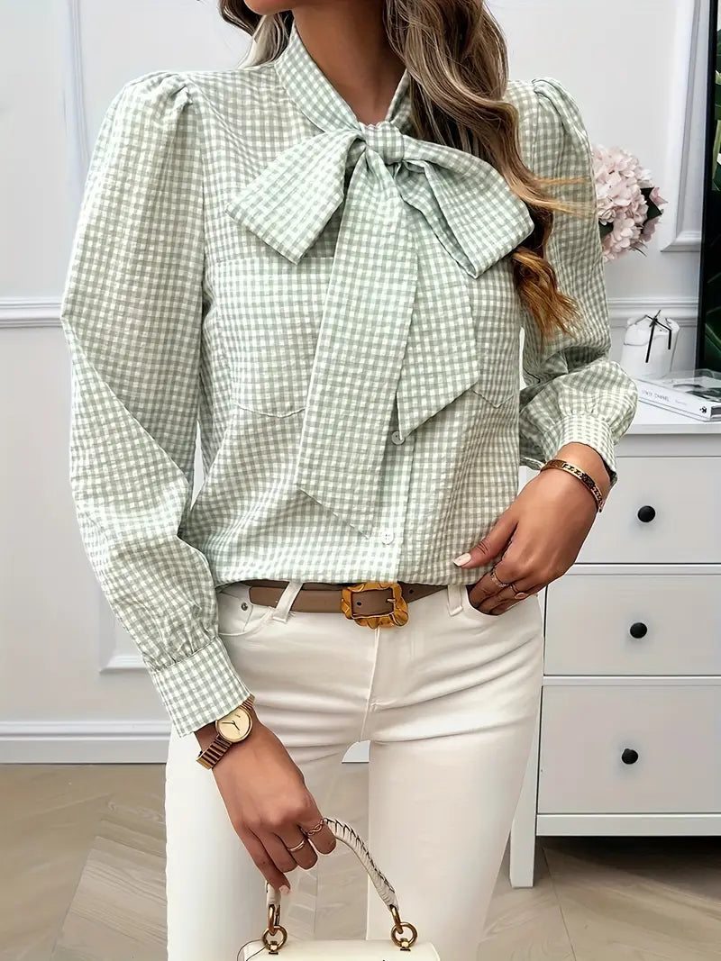 Aurora - Classic Plaid Blouse with Elegant Bow Detail for Timeless Style 1