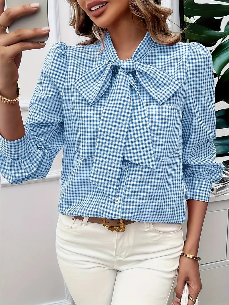 Aurora - Classic Plaid Blouse with Elegant Bow Detail for Timeless Style 2