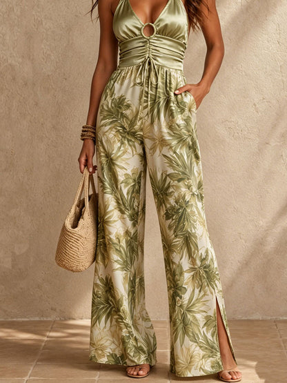Bella - Tropical Satin Halter Jumpsuit with Wide-Leg Design for Effortless Style 2