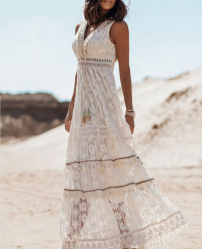 Bohemian Maxi Dress - V-Neck Lace Detail, Lightweight Summer Dresses with Asymmetrical Hem 3