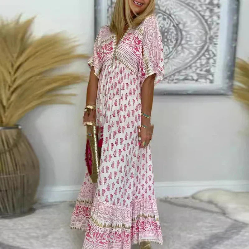 BohoChic - Printed Maxi Dress for Summer with V-Neck and Loose Fit 0